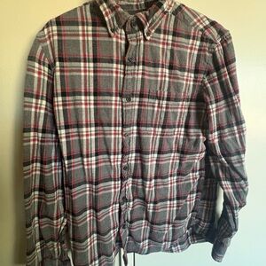 Gray and Red Plaid Button-Up Flannel Shirt